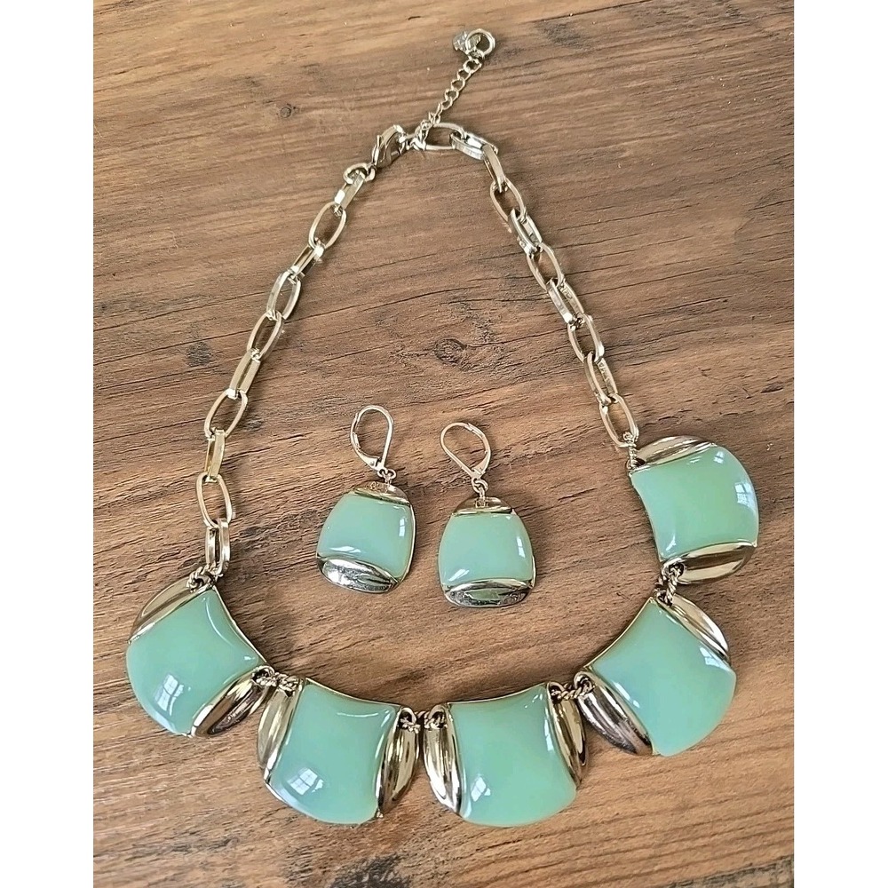 Vintage Monet Necklace & Earring Set Simulated Jade Gold Tone Chain Rare Style
